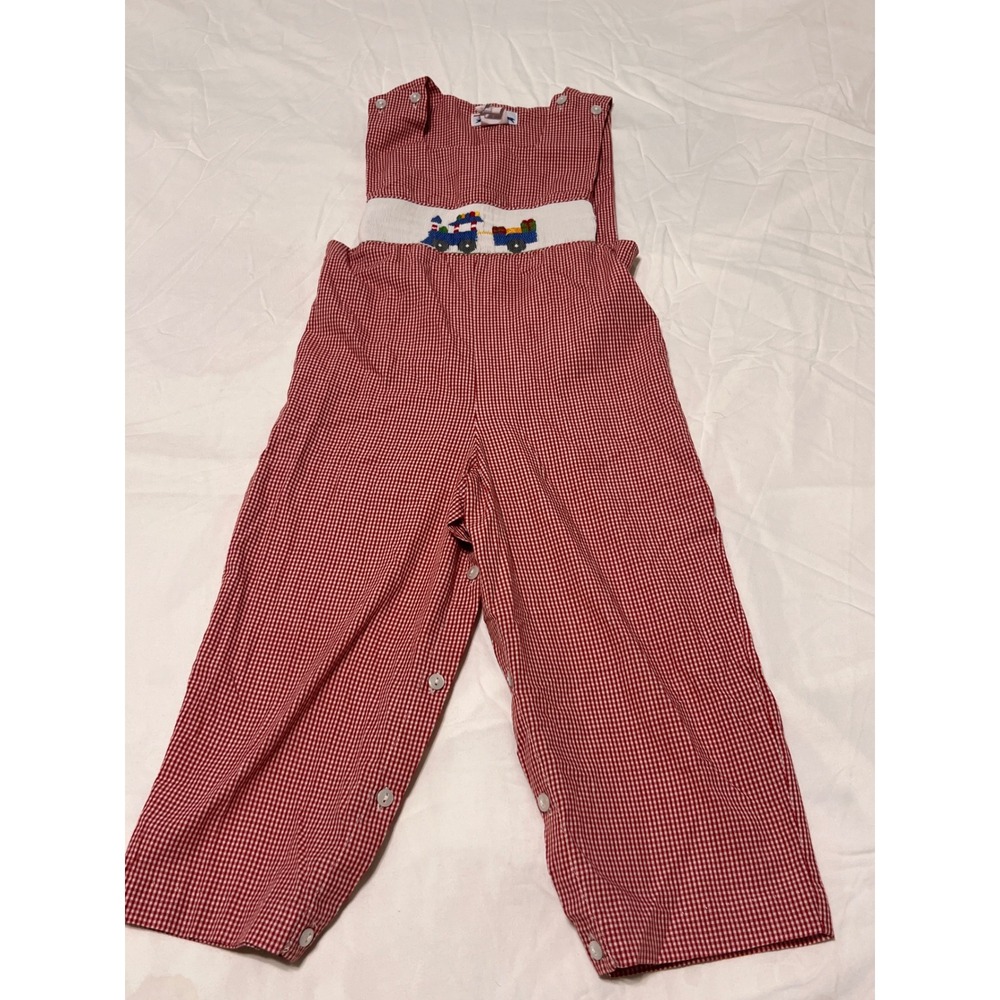Silly Goose Boys Red Gingham Hand Smocked Train Longall Overalls Size 3